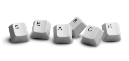 Text search formed with computer keyboard keys on white background