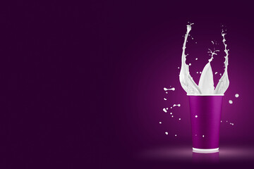 Paper cups with milk splashes on colorful background. Disposable cup with white milk splashes. ready for design. mockup