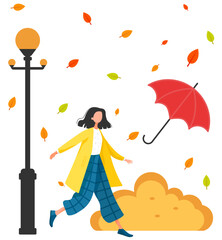 Young woman is walking under an umbrella in rain. Girl is wearing coat. Lifestyle in autumn concept, rainy weather. Character in modern flat design, running child strolling in park under leaf fall