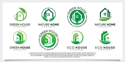 Set of green house icon logo design bundle with unique concept and leaf element Premium Vector