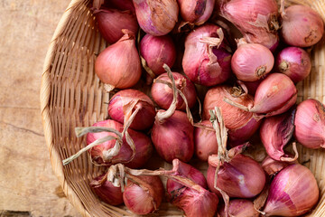 Organic red shallot in basket, food ingredients, top view