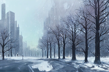 city park with trees during winter, winter trees, background, concept art, digital illustration
