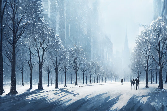 city park with trees during winter, winter trees, background, concept art, digital illustration