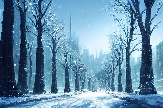 city park with trees during winter, winter trees, background, concept art, digital illustration