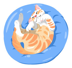 cute orange cat is sleeping on a blue soft pillow. suitable for pet theme, cute, animal, t-shirt design, animal lover, cat community. hand drawn cartoon style