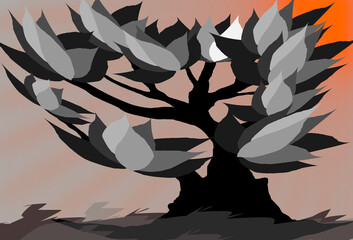 The illustrations and clipart. Vector image. An artistic cartoon tree in the orange gradient background.
