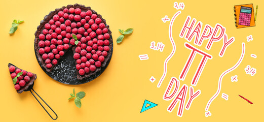 Banner for International Pi Day with raspberry pie on yellow background - obrazy, fototapety, plakaty