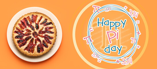 Banner for International Pi Day with plum pie on orange background