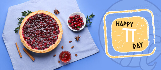 Banner for International Pi Day with lingonberry pie on blue background