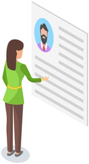 Woman surfing internet, interacting in social media with avatar profile, examines personal worksheet of candidate. Paper sheet with head symbol of male character in web forums, messengers, blogs