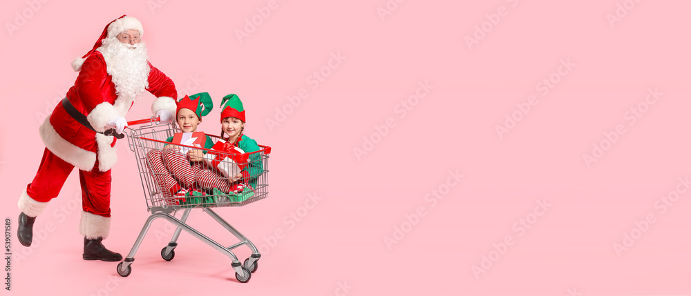 Sticker santa claus and little elf kids with gifts sitting in shopping cart on pink background with space fo