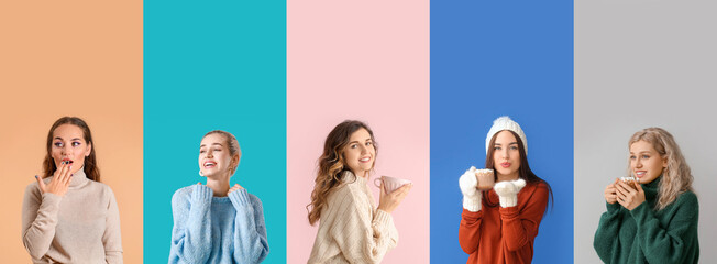 Collage of beautiful young women in knitted sweaters on color background
