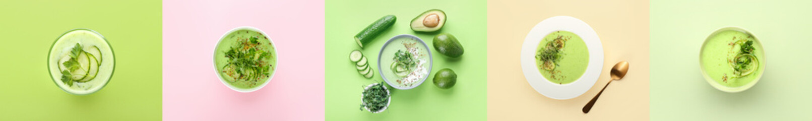 Collage with tasty gazpacho on color background, top view
