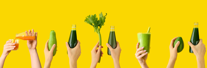 Collage of female hands with healthy vegetable juices on yellow background