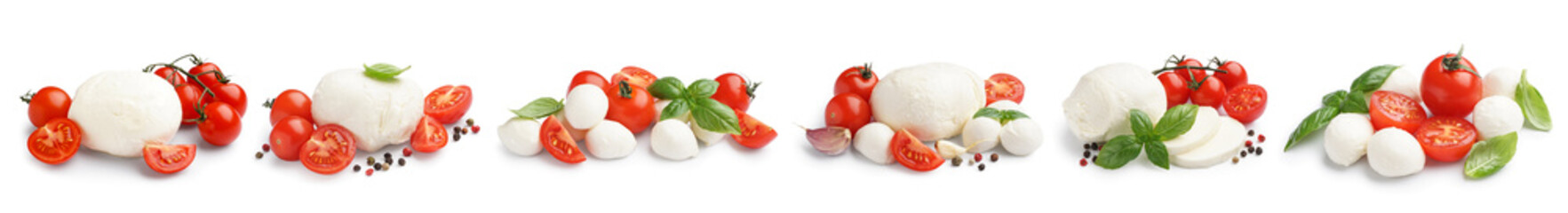 Set of tasty mozzarella cheese with tomatoes and basil isolated on white