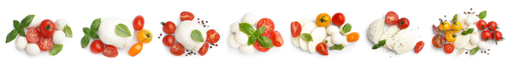 Set of tasty mozzarella cheese with tomatoes and basil isolated on white, top view
