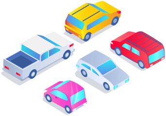 Set of automobiles of different shapes and colors. Sports car, convertible, suv, hatchback icons. Vehicle, means of transportation in city and nature. Types of passenger cars vector illustration
