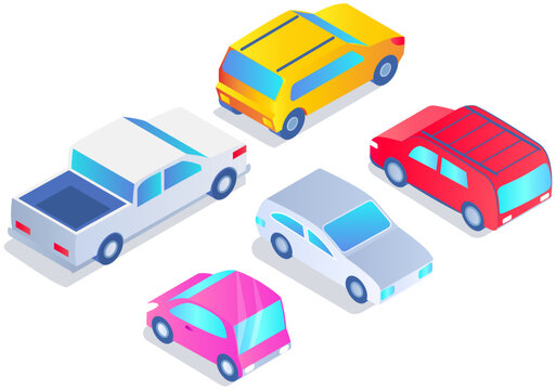 Set of automobiles of different shapes and colors. Sports car, convertible, suv, hatchback icons. Vehicle, means of transportation in city and nature. Types of passenger cars vector illustration