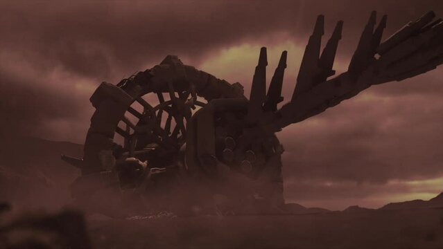 Cinematic shot of a stormy ancient alien crash site, with a smooth dolly shot of a vast hulk of a derelict space ship with wreckage, through an electrical silicate storm - red color scheme