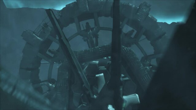 Cinematic flyover shot of a stormy mountainous alien crash site, along the spine of a vast derelict space ship with wreckage, through an electrical silicate storm - teal color scheme