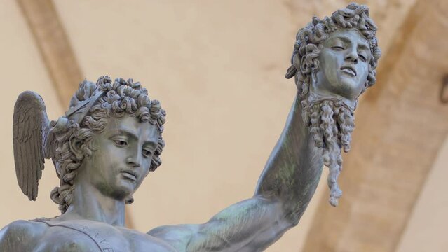 Close up of Cellini&rsquo;s Perseus and Medusa bronze statue in Florence, Italy renaissance art sculpture