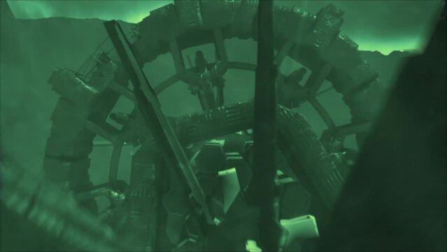 Cinematic flyover shot of a stormy mountainous alien crash site, along the spine of a vast derelict space ship with wreckage, through an electrical silicate storm - green color scheme