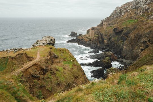 The Crowns Engine houses at Botallack Mine, Cornwall, England. 
