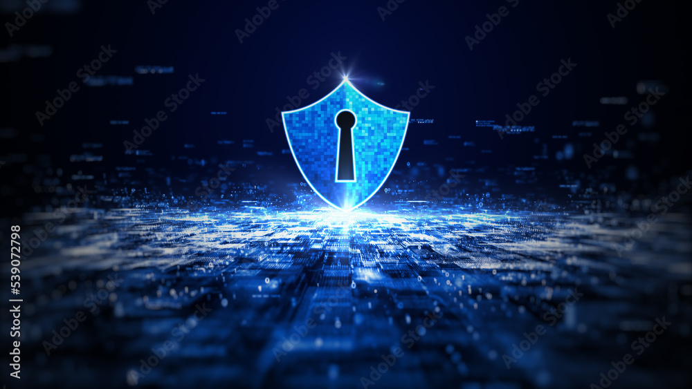 Poster blue shield icon cyber security, digital data network protection, future technology digital data net