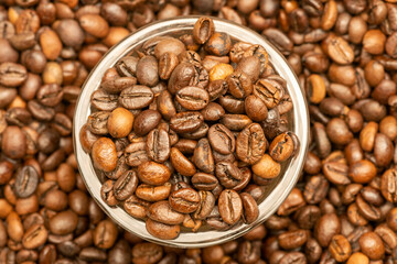 Roasted coffee beans scattered on the table and a small coffee cup.