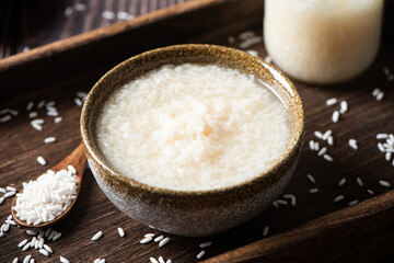 Delicious fermented glutinous rice wine on table