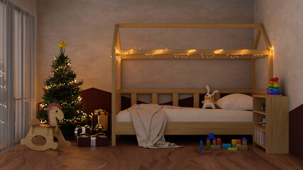 Cozy kid's bedroom at night interior design decorated with Christmas stuff