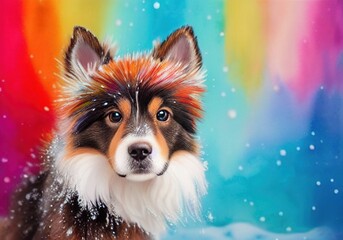 Naklejka premium Brown and white puppy in snow, watercolor pastel