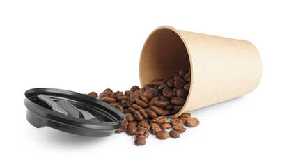 Overturned paper cup with coffee beans on white background
