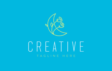 Rose Flower Moon Line Art Logo Design Template