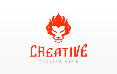 Lion's Head Burning Fire Logo Design Template