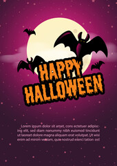 Silhouette spooky bats flying with Halloween wording, example texts  on the giant moon and glowing purple light background