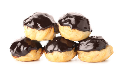 Heap of delicious eclairs on white background