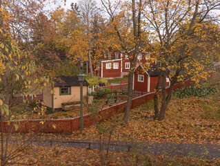 Old allotment garden with small houses in a park a colorful sunny autumn day in Stockholm