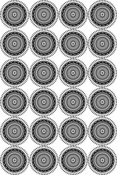 The illustrations and clipart. Vector image. Abstract image. 6-row and 4-column circles of mandala art in a diagonal pattern on a white background.