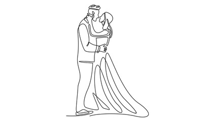 Continuous line of happy married man and woman. Romantic young wedding couple
