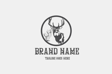 Illustration vector graphic of hand drawing deer or stag and cactus in circle. Good for logo