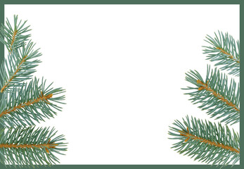 Christmas frame with branches of fir-pine, isolated on white background. Christmas and New Year concept. Copy space