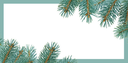 Frame with Space made of fir branches. Natural winter holidays concept. Minimal flat lay. New Year greeting card.
