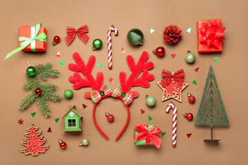 Fototapeta na wymiar Beautiful composition with different Christmas decor on color background