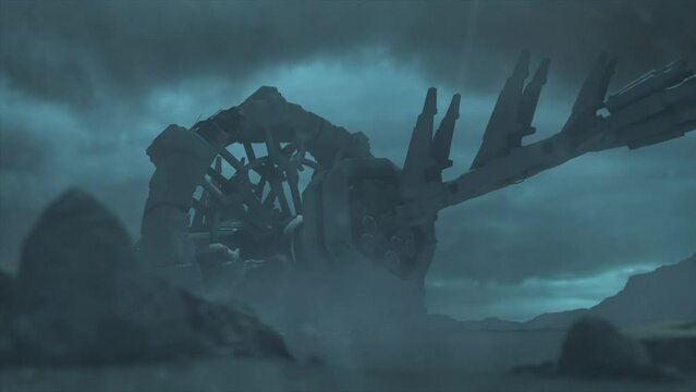 Cinematic shot of a stormy ancient alien crash site, with a smooth tracking shot of a vast hulk of a derelict space ship in the distance, through an electrical silicate storm - teal color scheme