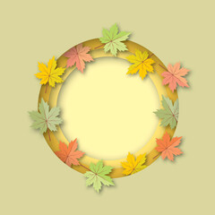 Colorful variegated foliage background with empty pastel circle. Autumn or fall leaves and thanksgiving day concept. shadow overlay. copy space for the text. illustration paper cut design style.