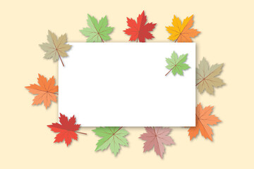 Colorful variegated foliage background with empty white circle. Autumn or fall leaves and thanksgiving day concept. shadow overlay. copy space for the text. illustration paper cut design style.