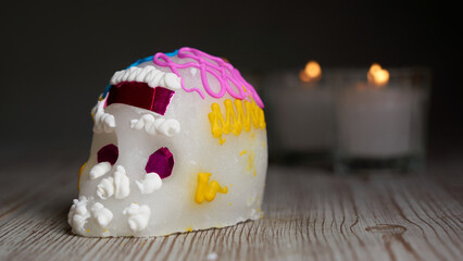Sugar skull with Candles, Decoration traditionally used in altars for the celebration of the day of...