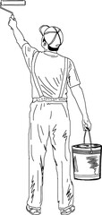 vector illustration of a man painting a wall while holding a paint roller and a bucket, sketch drawing of professional painter, painting man cartoon doodle silhouette