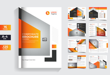 Corporate yellow 16 pages brochure template, business brochure with modern shape
